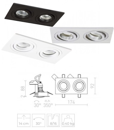 Dimensiones Aro doble empotrado GU10 PASADENA Blanco, Negro o Aluminio
