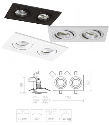Dimensiones Aro doble empotrado GU10 PASADENA Blanco, Negro o Aluminio