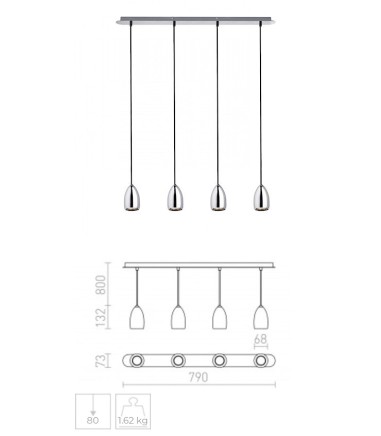 Dimensiones Lámpara 4 Colgantes Pequeños GU10 BABADES IV Cromo o níquel mate