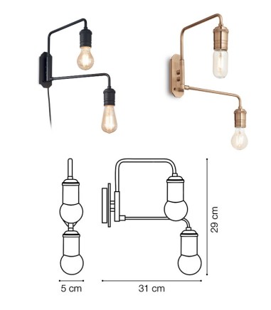 Dimensiones Aplique articulado TRIUMPH 2L E27 Negro o Latón IDEAL LUX