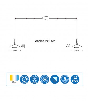 Dimensiones Lámpara 2 luces negra cuero y latón ORION 16W LED Mantra