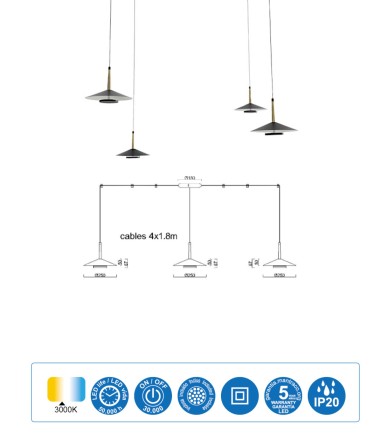 Características Lámpara 4 luces negra cuero y latón ORION 32W LED Mantra