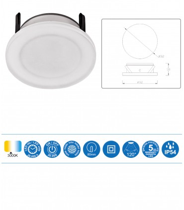 Características Foco Empotrable METACRILATO LED 7w IP54 Blanco Mantra