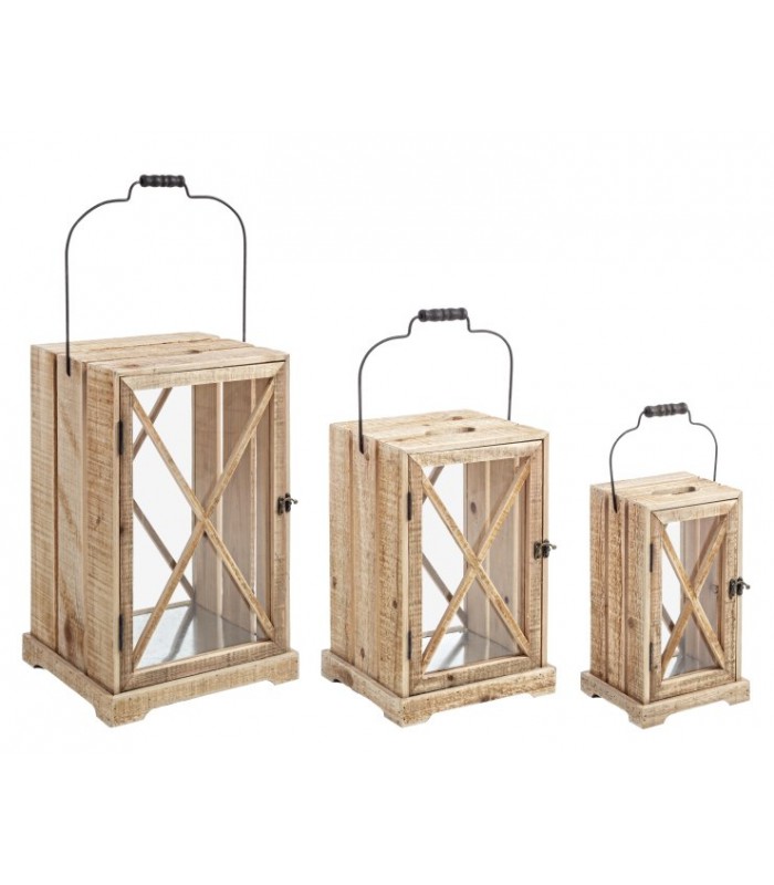 Set 3 faroles rectangulares Timber caja de madera