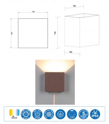 Características y dimensiones Aplique Davos XL 7438 marrón corten 20W IP65 - Mantra