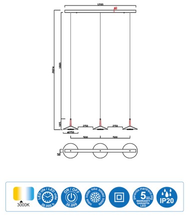 Lámpara lineal 3L Orion Led 24W negro-cuero - Mantra
