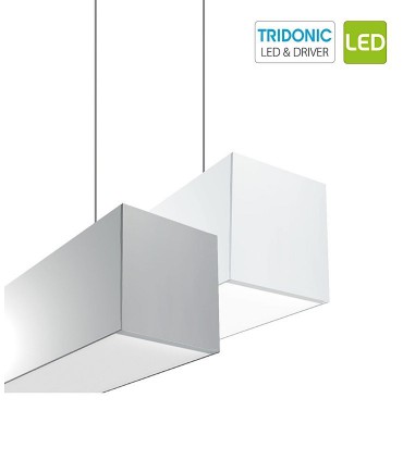 Imagen con 2 lámparas suspensión Led Lineal  S75 una en acabado blanco y la otra en aluminio.