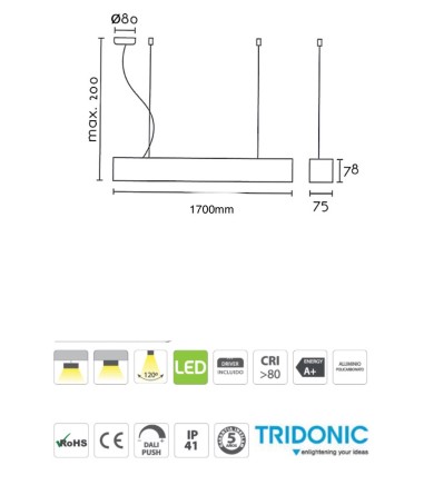 Características Lámpara Suspensión Led Lineal S75 63W 170cm