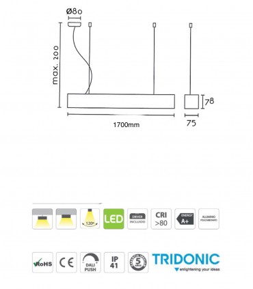 Características Lámpara Suspensión Led Lineal S75 63W 170cm
