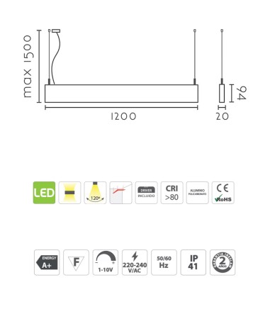 Características Lámpara Suspensión Led Lineal Modular DZ20.1200  40W 120cm