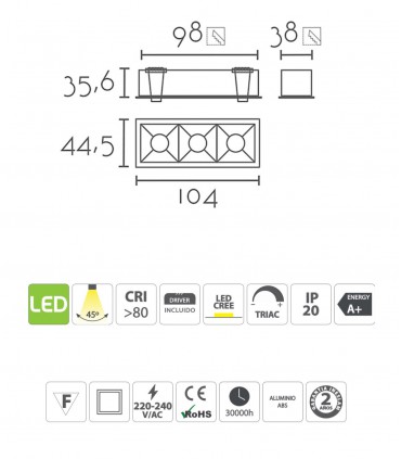 Características: Foco led empotrable cuadrado Cubic3 mini 10.4mm