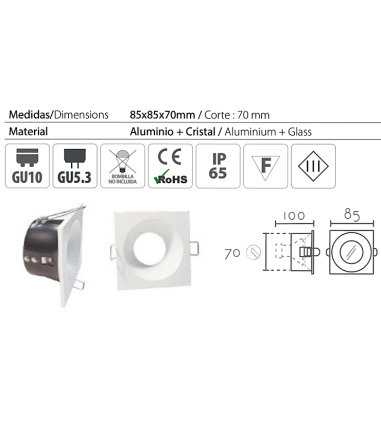 Características: Foco empotrable GU10 cuadrado fijo blanco SH121 IP65 85mm