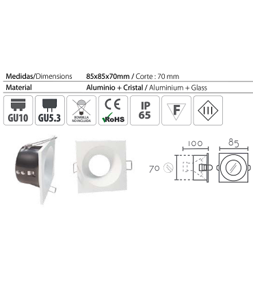 Características: Foco empotrable GU10 cuadrado fijo blanco SH121 IP65 85mm