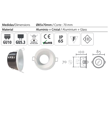 Características: Aro Empotrable redondo fijo blanco FH121 IP65 Ø85mm
