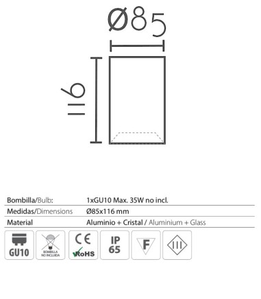 Características: Foco superficie redondo fijo blanco IP65 Ø85mm 1020C02