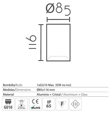 Características: Foco superficie redondo fijo blanco IP65 Ø85mm 1020C02