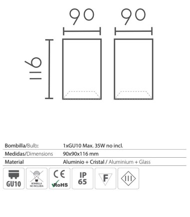 Características: Foco superficie cuadrado fijo blanco IP65 90mm 1022C02