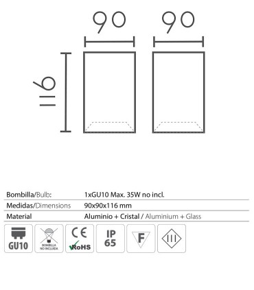 Características: Foco superficie cuadrado fijo blanco IP65 90mm 1022C02