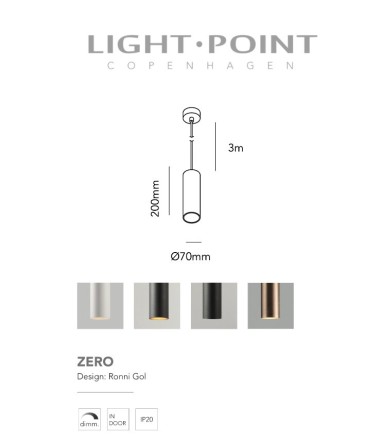 Dimensiones: Lámpara Colgante Zero S1 blanco, negro, negro/oro Ø70x200mm - LIGHT POINT