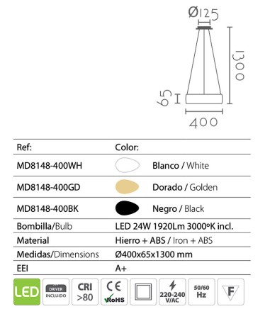 Dimensiones Lámpara colgante SUAVE blanco, dorado, negro 24W Ø40cm