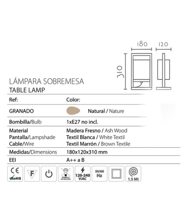 Características Lámpara de sobremesa madera rectangular pantalla ND31