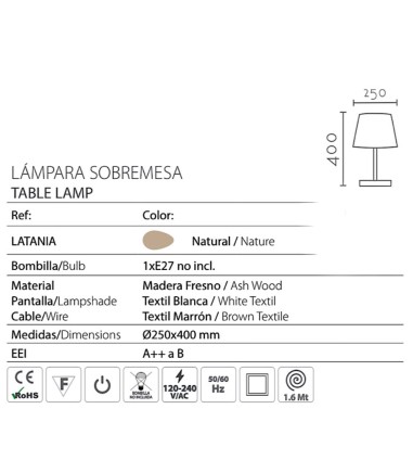 Características Lámpara mesita de noche madera Latania - Ineslam