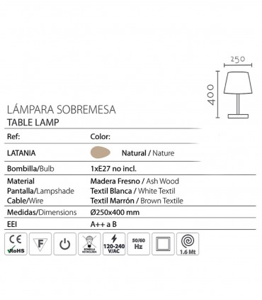 Características Lámpara mesita de noche madera Latania - Ineslam