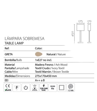 Características Lámpara de sobremesa madera con pantalla ND36