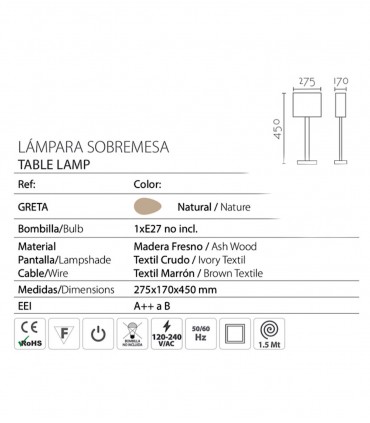 Características Lámpara de sobremesa madera con pantalla ND36