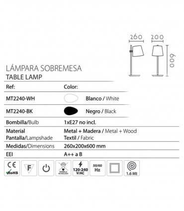 Características Lámpara de mesa madera con pantalla blanco o negro ND40