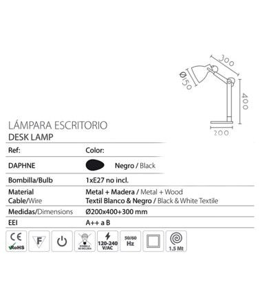 Características Lámpara mesa madera tulipa negra Daphne - Ineslam