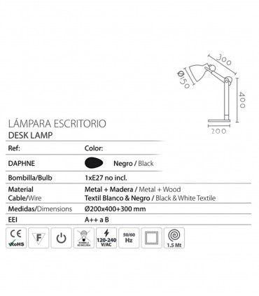 Características Lámpara mesa madera tulipa negra Daphne - Ineslam