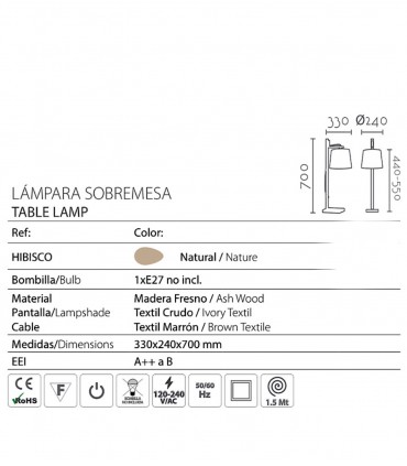 Características Lámpara de sobremesa madera con pantalla ND42