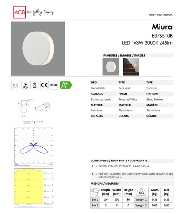Ficha técnica focos empotrables de pared Miura - ACB