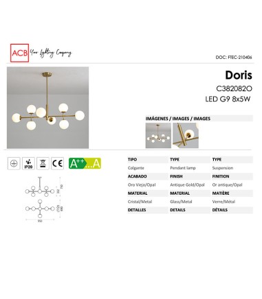 Características Lámpara colgante DORIS 8L G9 oro viejo - ACB