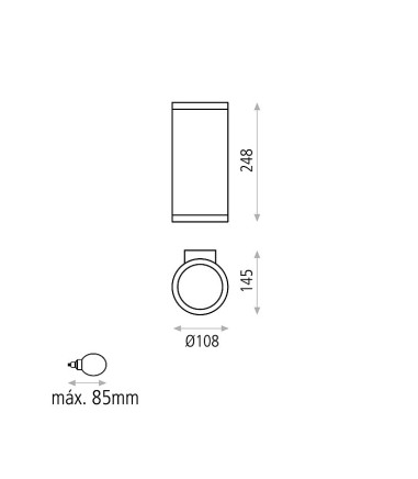 Dimensiones Aplique de pared NORI antracita 2E27 IP65 - ACB