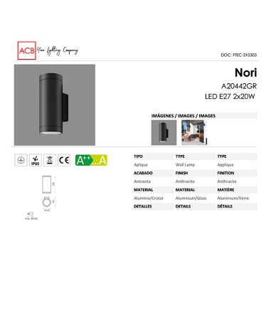 Características Aplique de pared NORI antracita 2E27 IP65 - ACB