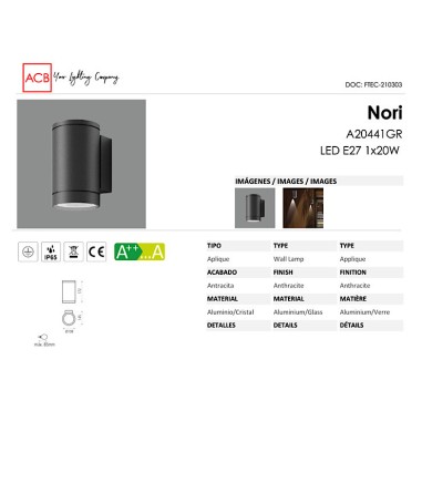 Aplique de pared Nori 1L E27 IP65 - ACB