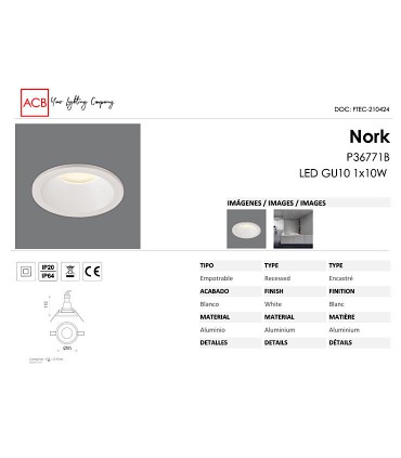 Características Aro empotrable NORK GU10 Blanco IP64 - ACB