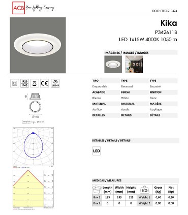 Características Foco empotrable KIKA LED 15W 4000K Blanco IP43 - ACB