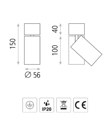 Dimensiones Foco superficie ZOOM GU10 orientable Ø56mm - ACB