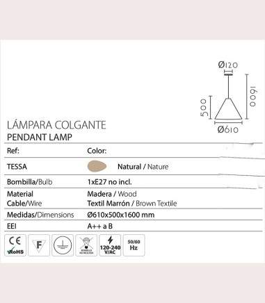 Características Lámpara de techo madera TESSA Ø61CM