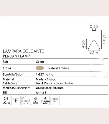 Características Lámpara de techo madera TESSA Ø61CM