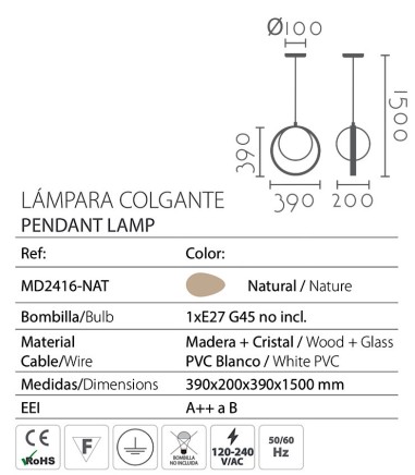 Características Lámpara de techo aro madera MD2416-NAT Ø39cm