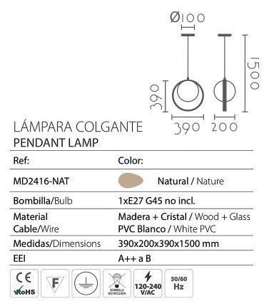 Características Lámpara de techo aro madera MD2416-NAT Ø39cm