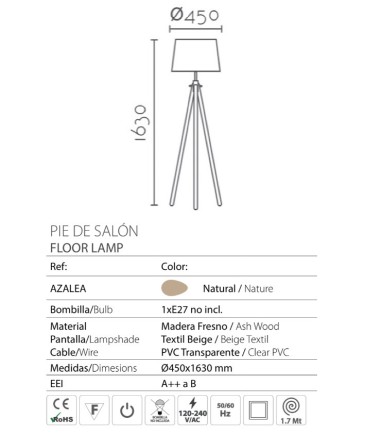 Características de la Lámpara de pie de madera 3 patas Azalea con pantalla - Ineslam