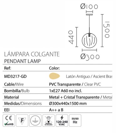 Lámpara techo colgante globo Ø30cm MD3217-GD - Ineslam