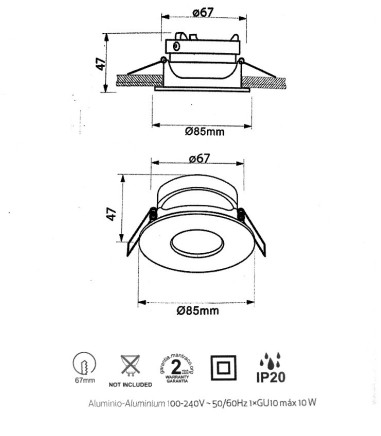 Dimensiones Aro GUINCHO para bombilla GU10 Blanco Redondo 7535 - Mantra