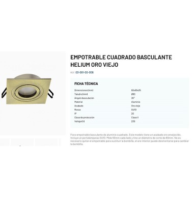 Empotrable GU10 Helium cuadrado oro...