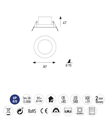 Características Foco Empotrable LED Estanco IP65 Watertight 7W 87mm - 553 - Jiso